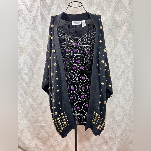 Vintage Bonnie Boerer & Company gold studded black knit cardigan size M - Picture 7 of 10